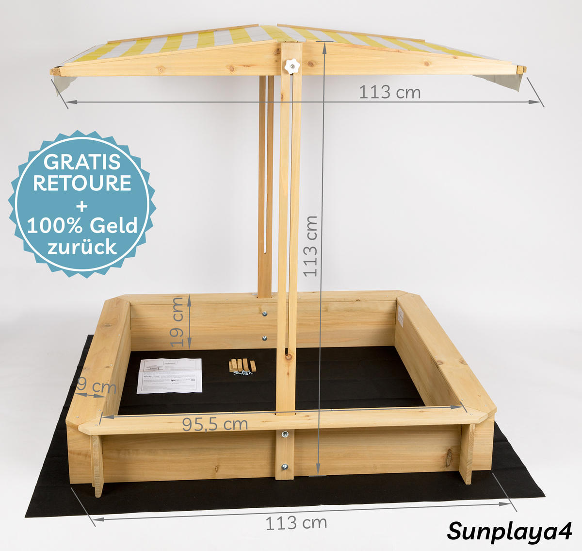 SANDKASTEN mit Dach, Sitzbank und Boden, Holz wetterfest - Gelb, Holz (113/113/113cm) - needs&wants