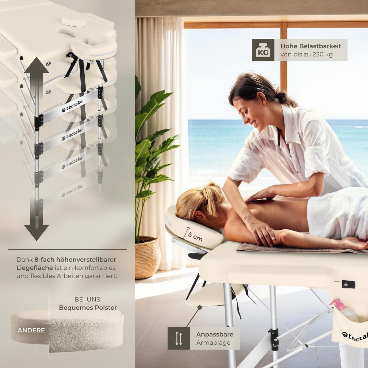 MASSAGELIEGE 3 Zonen Ko Tao,212 x 108 x 90 cm,beige - Beige, Metall (108/90/212cm) - tectake