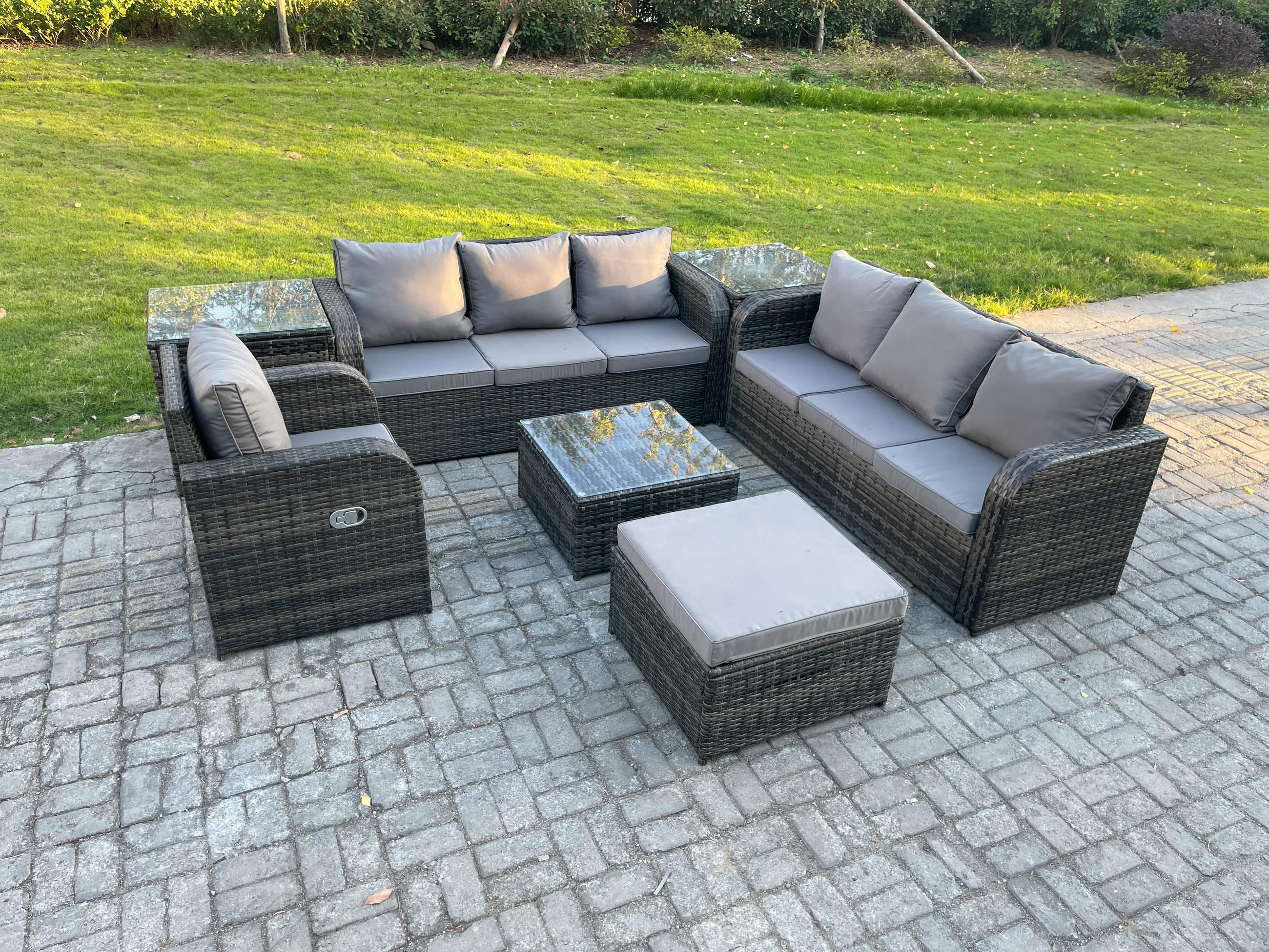 GARTENMÖBEL SET mit 3-SITZER SOFA Polyrattan Dunkelgrau 8-Sitzer - Dunkelgrau/Grau, Glas/Kunststoff - Fimous