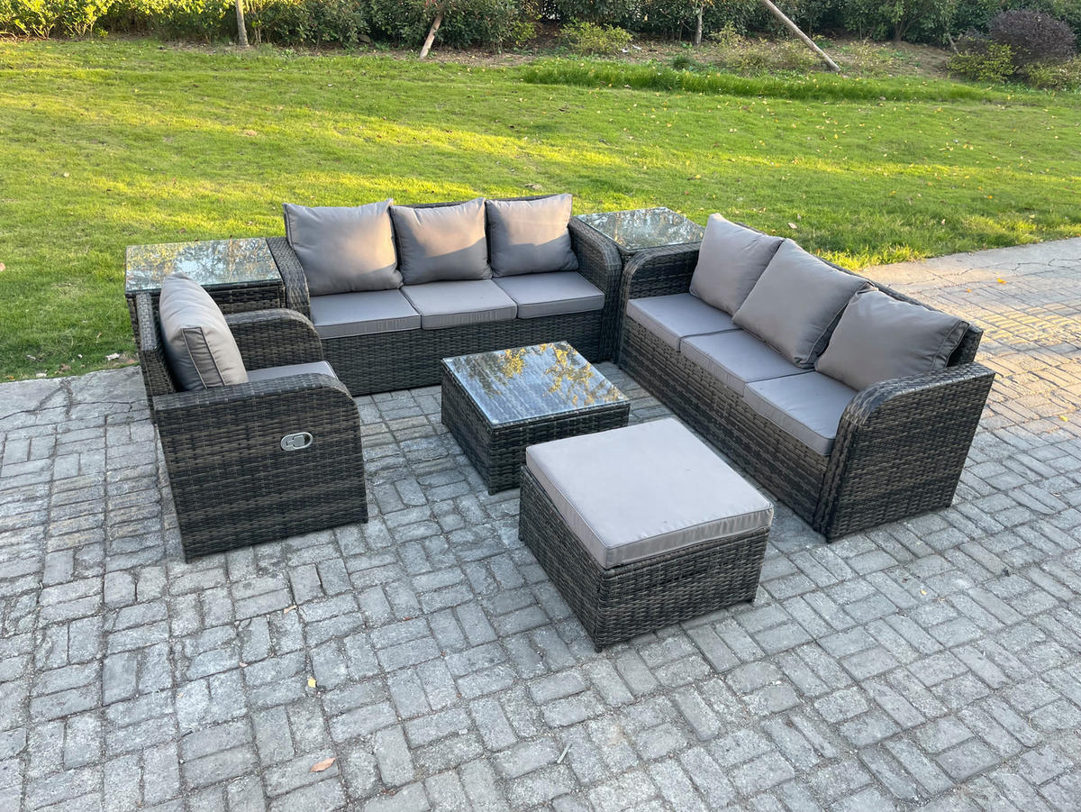 GARTENMÖBEL SET mit 3-SITZER SOFA Polyrattan Dunkelgrau 8-Sitzer - Dunkelgrau/Grau, Glas/Kunststoff - Fimous