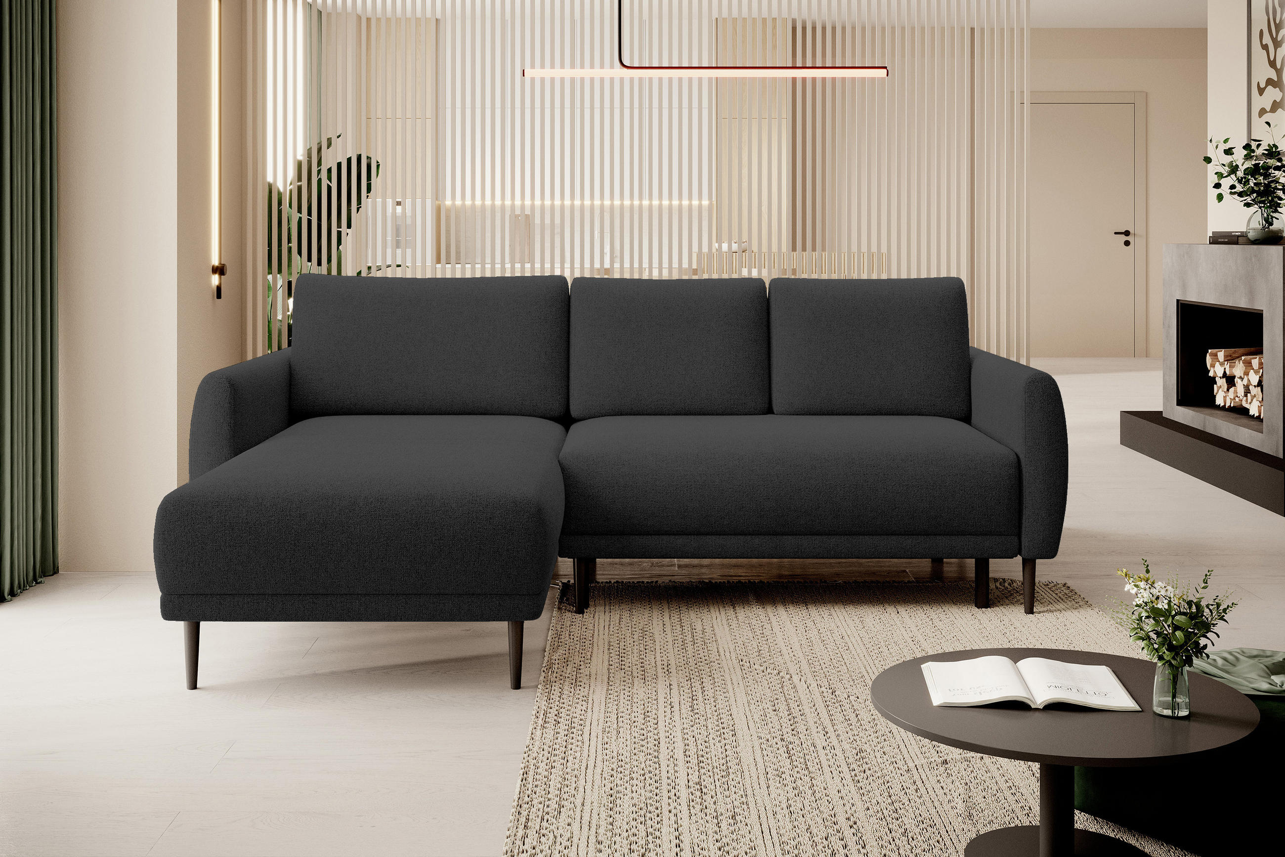 ECKSOFA BONO Stilvolles Sofa mit Schlaffunktion, Robuste Holzfüße, Elegante Armlehnen, Tiefe Sitzfläche 226x164x88cm, Linke, Schwarz - Schwarz, Holz/Textil (164/226cm) - DomoHome