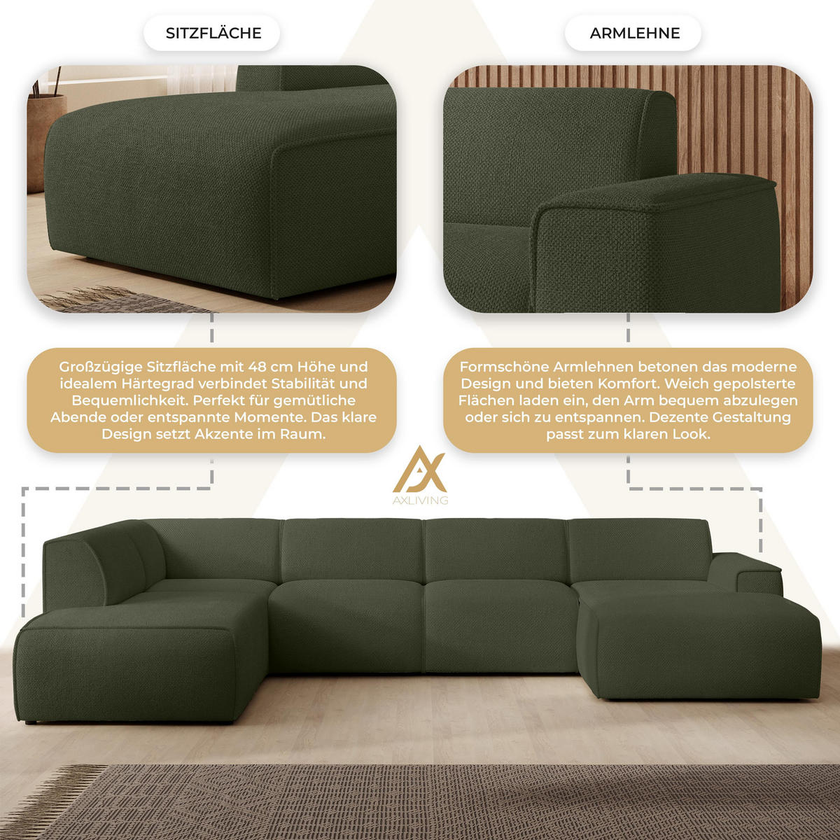 WOHNLANDSCHAFT Didim Grün 378/220/78 cm – großes Sofa stilvoll & bequem L - Schwarz/Grün, Kunststoff/Textil (220/78/378cm) - AX Living