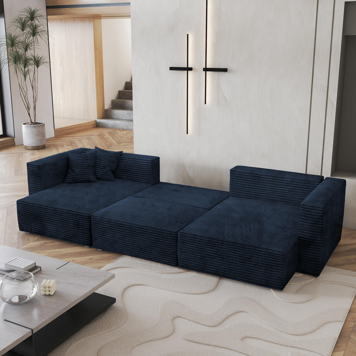 WOHNLANDSCHAFT SARMO Blau Kordstoff mit Schlaffunktion - Blau, Holz (347/90/148cm) - MASSENO