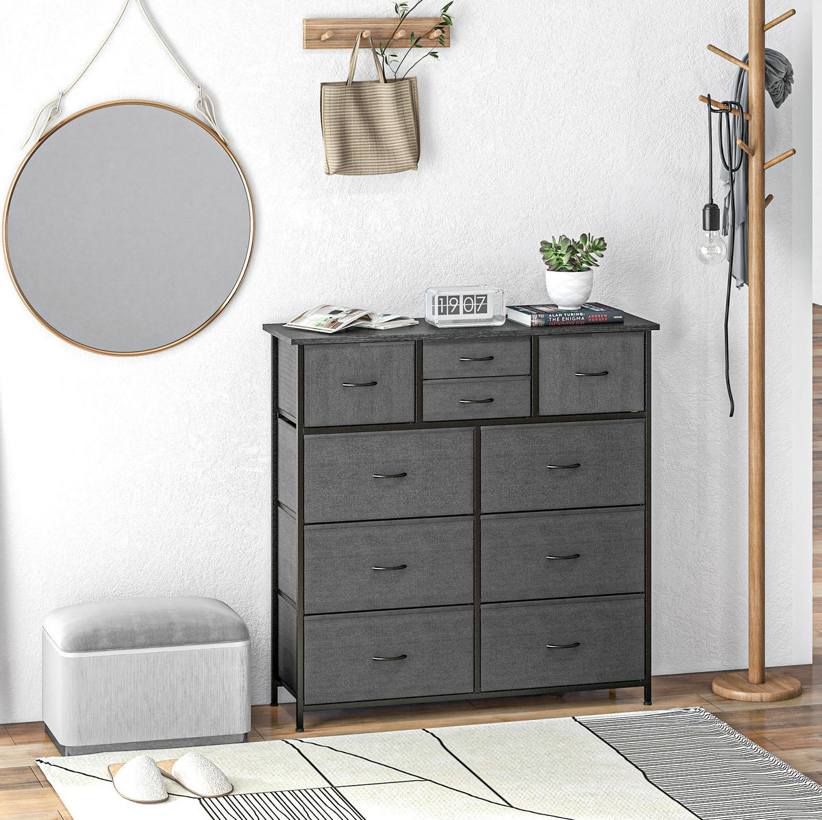 KOMMODE 30/100/100 cm mit 10 Stoffschubladen und Stahlrahmen, vielseitiger Stauraum, Schwarz - Schwarz, Metall (100/100/30cm) - Redom