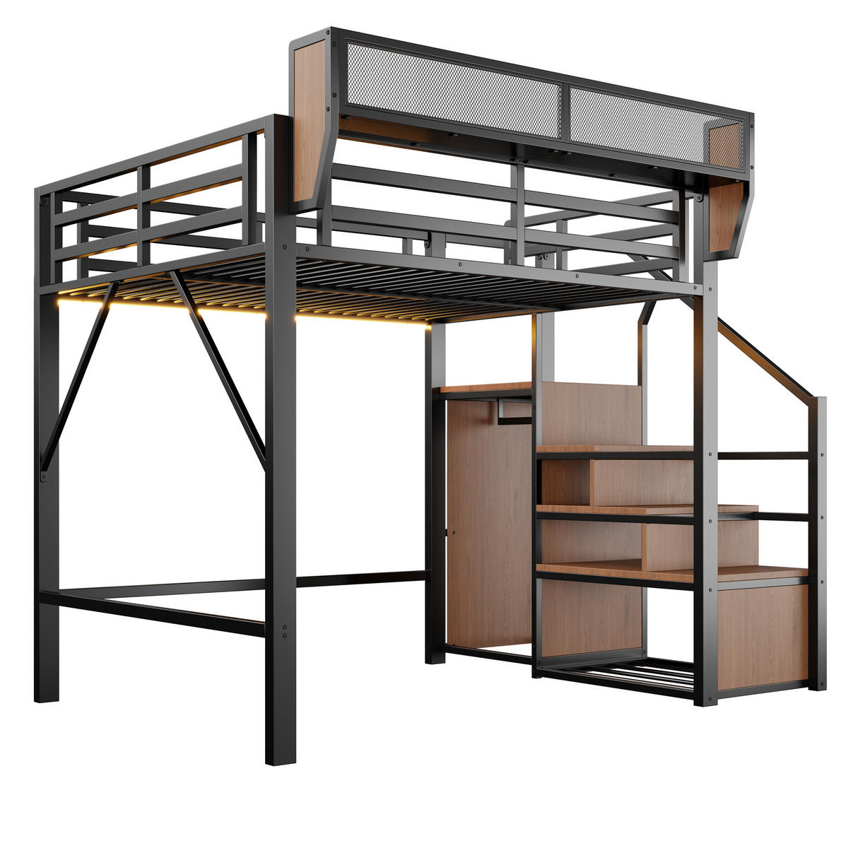 HOCHBETT Schwarz aus Metall 140×200cm mit Sicherheitsleiter, flexiblem Regal und farbwechselnder LED-Beleuchtung - Schwarz, Metall (140/200cm) - Luhomfu