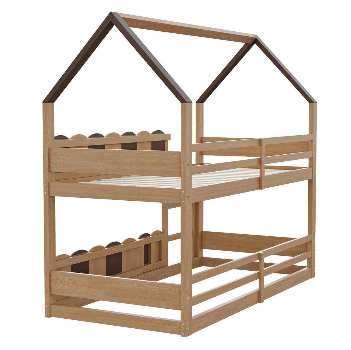 ETAGENBETT aus Holz 90x200 cm Naturholz mit Hausdesign, Sicherheitsgeländern und Lattenrost - Naturfarben, Holz (90/200cm) - Modfu