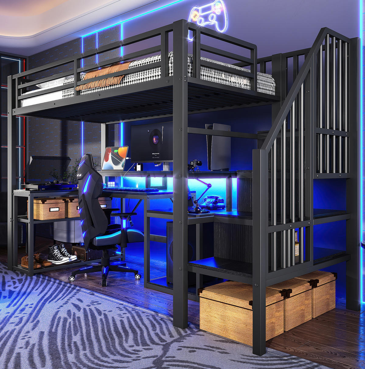 HOCHBETT 90/200 cm Schwarz aus Metall mit Schreibtisch und LED-Lichtleiste - Schwarz, Metall (90/200cm) - OKMYHOME