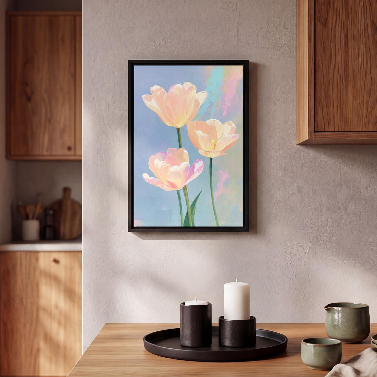 LEINWAND Bilder mit Rahmen - Tulpen - Rosa Akzente - Blau - 20x30 - Pastellblau, Textil (20/30cm) - MuchoWow