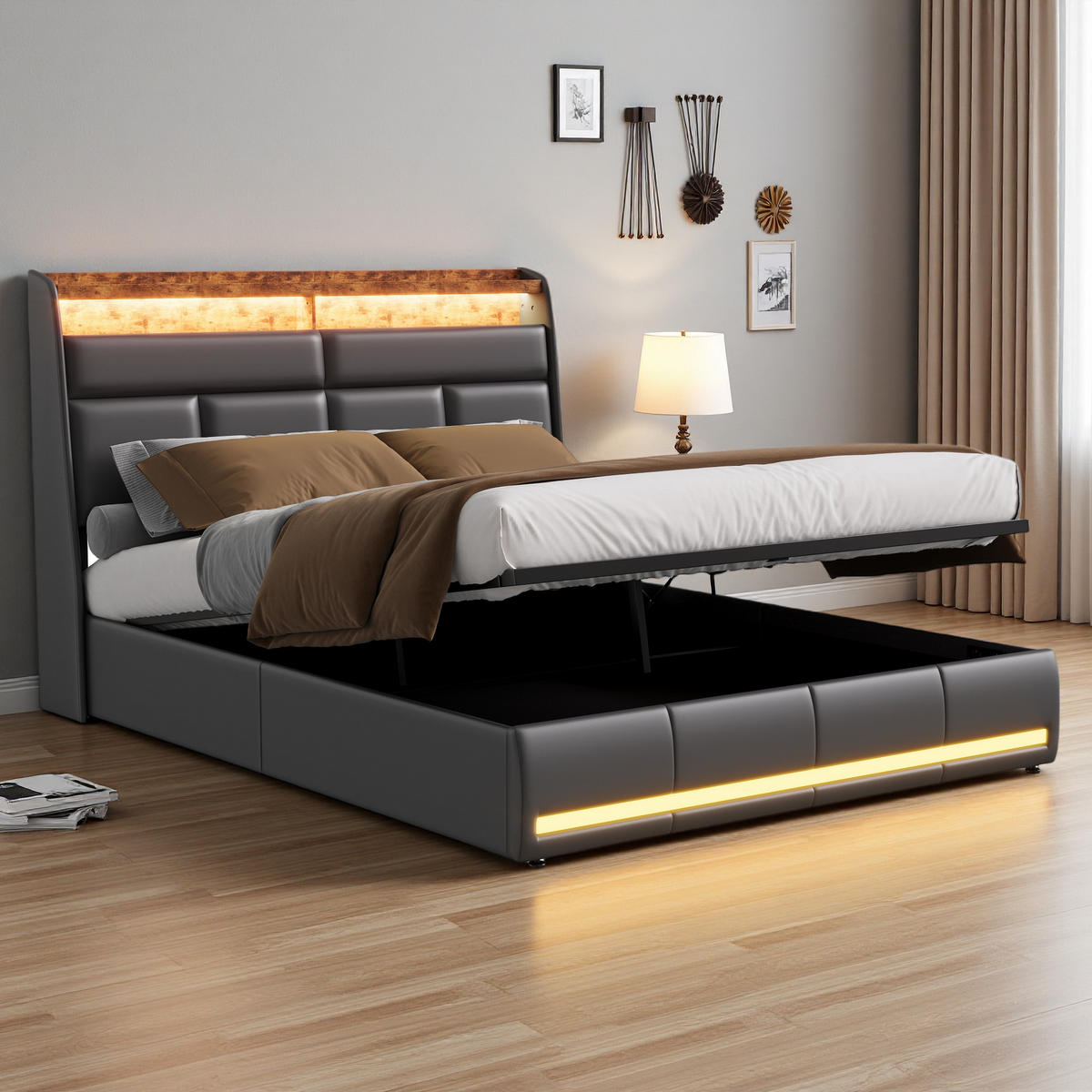 POLSTERBETT 140x200 Beige PU LED USB Hydraulik - Schwarz, Holzwerkstoff (140/200cm) - SHOPENTRA