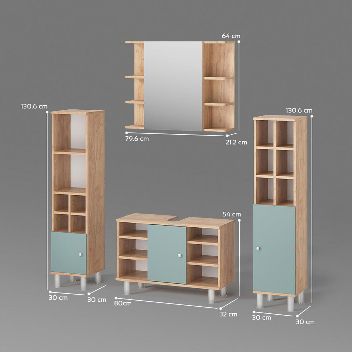 BADMÖBEL-SET Fucino Grün 4 Teile, mit Midischränke - Eiche Wotan/Grün, Holzwerkstoff (60/54/32cm) - Livinity®