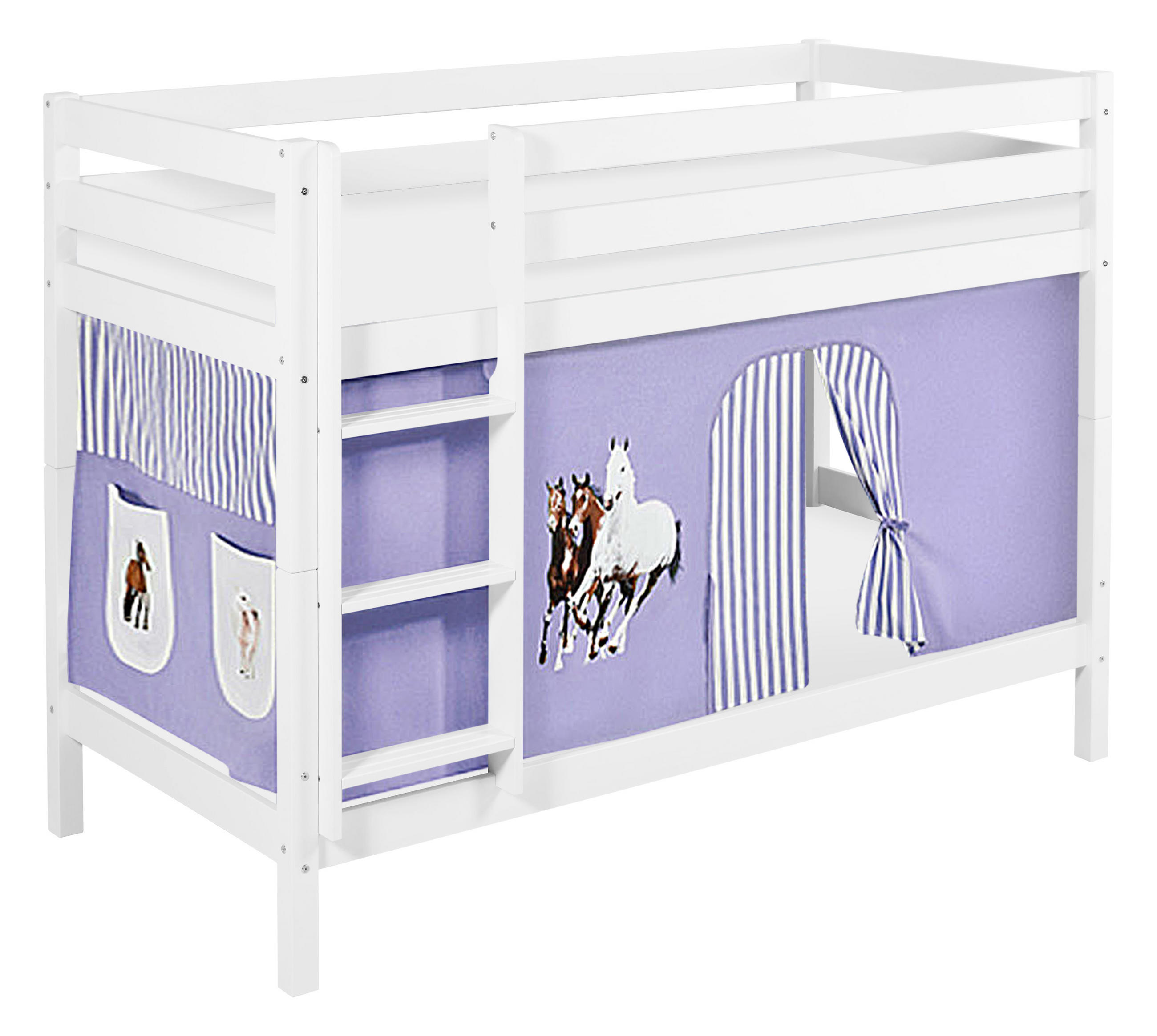 ETAGENBETT JELLE 90x200 cm Pferd lila beige - Hochbett - inkl. Vorhang und 2 Lattenrosten - Weiß, Holz - Lilokids