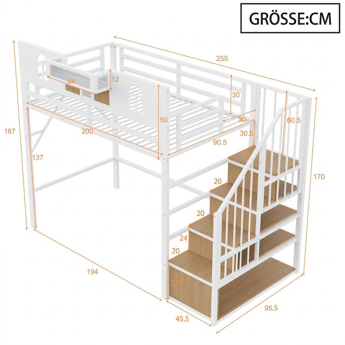 HOCHBETT 90/200 cm Weiß mit Stautreppen, Lichtleisten und Staufächer - Weiß, Metall (90/200cm) - Oxeza