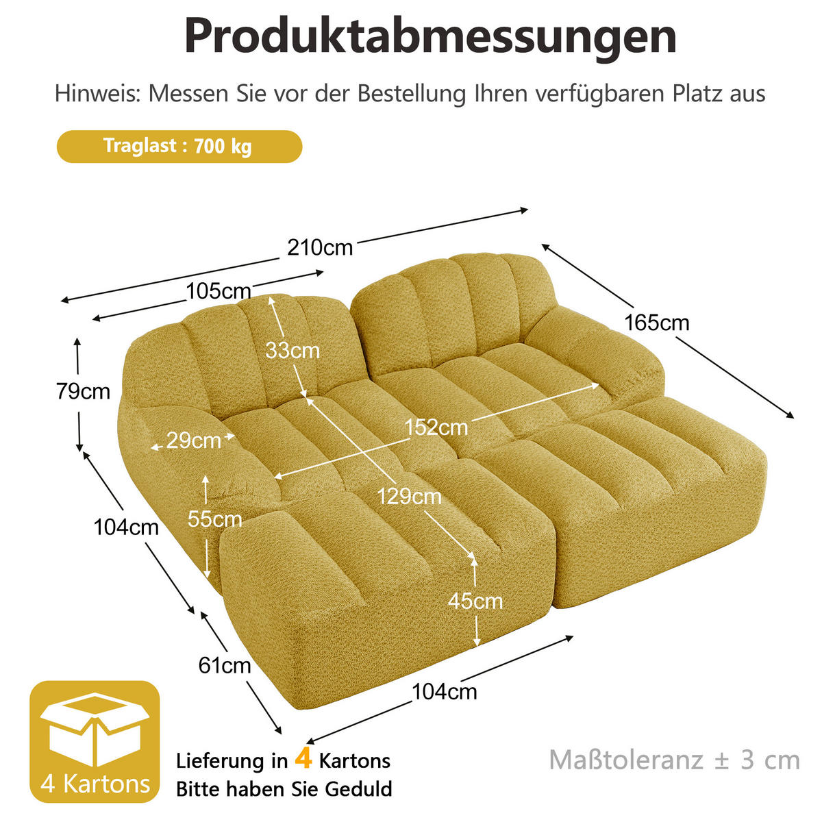 2-SITZER-SOFA DE-34312 mit 2 Ottomans Gelb - Gelb, Textil (165/79/210cm) - ComfortXL