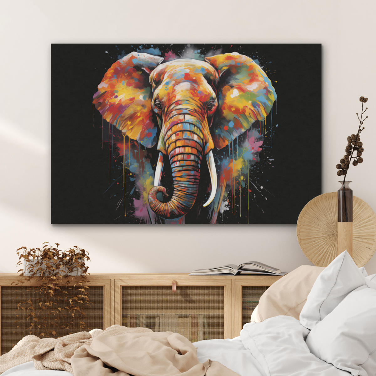 AKUSTIKBILD Elefant - Graffiti - Schwarz - Tiere - Farben Akustikpaneele 90x60 cm - Schwarz, Kunststoff (90/60/0.9cm) - MuchoWow