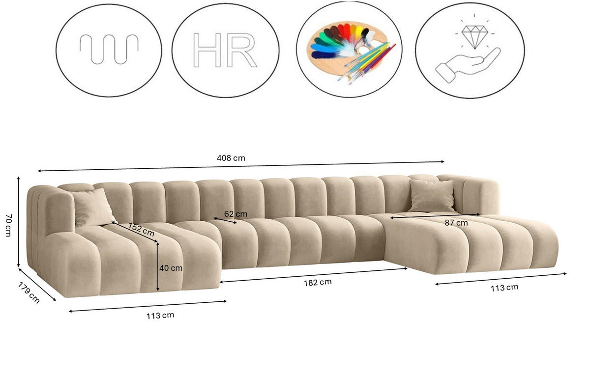ECKSOFA, U-from, Sofa Grand U XL modular stoff Salvador Beige - Beige, Holz (179/408cm) - Kaiser Möbel