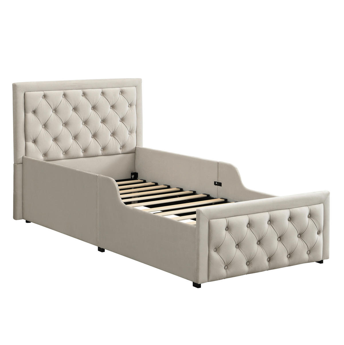 KINDERBETT aus Samt 90x200 cm Beige mit Lattenrost, hydraulischem Bettkasten und gepolsterten Armlehnen - Beige, Holzwerkstoff (90/200cm) - Modfu