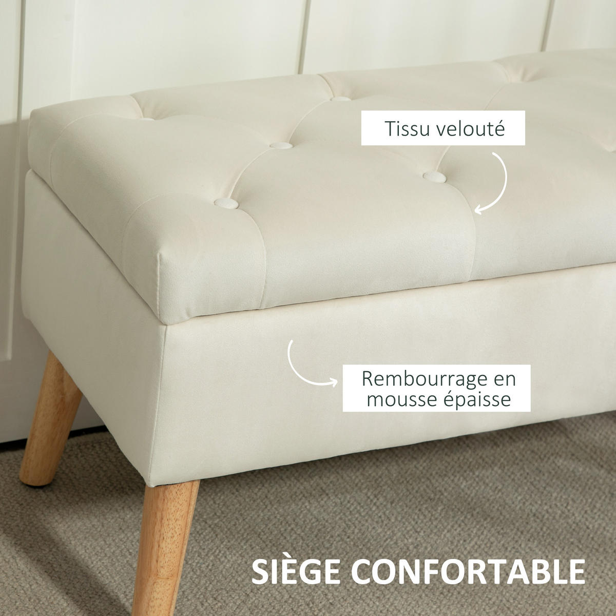 TRUHENBANK DE-16392 mit Stauraum und Samtbezug Creme - Creme, Textil (80/42/35cm) - ComfortXL
