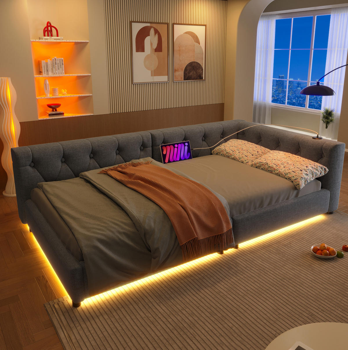 POLSTERBETT mit LED-Beleuchtung 90/200 cm mit gepolstertem Kopfteil und Lattenrost - Grau, Textil (90/200cm) - BEAOK