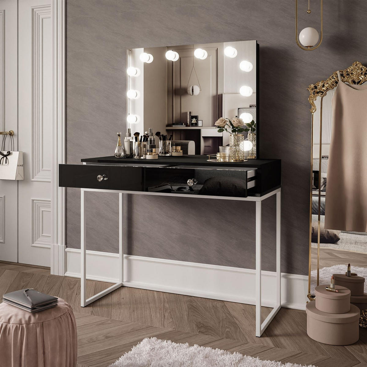 SCHMINKTISCH BLANCO LOFT ELITE mit Spiegel und Beleuchtung Schwarz Hochglanz Kristallgriff - Schwarz Hochglanz/Weiß, Holzwerkstoff (100/146/42cm) - Lookway