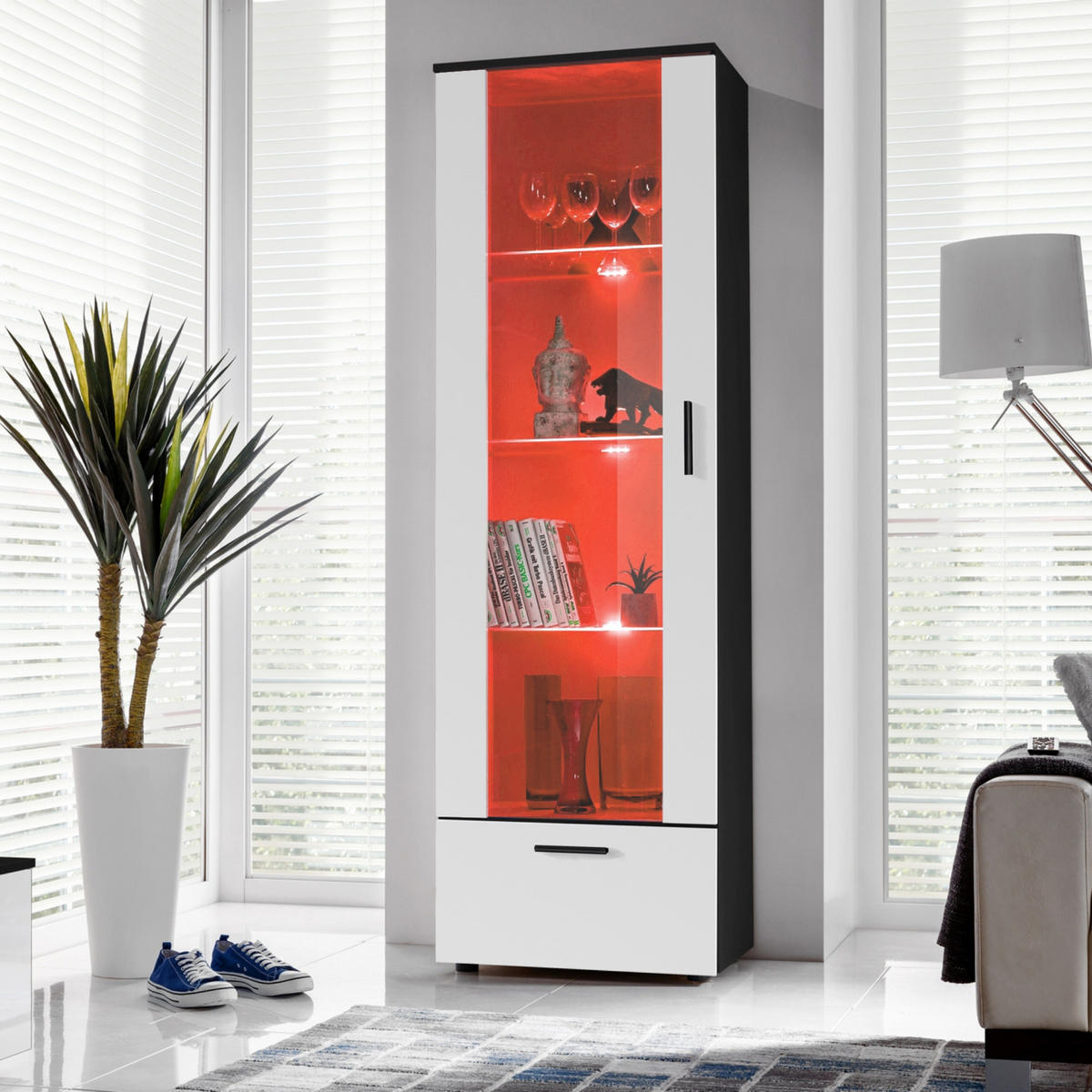 VITRINE ALESSANDRIA, Weiss, LED Mehrfarbige - Schwarz/Weiß, Glas/Holzwerkstoff (60/192/42cm) - Komodee