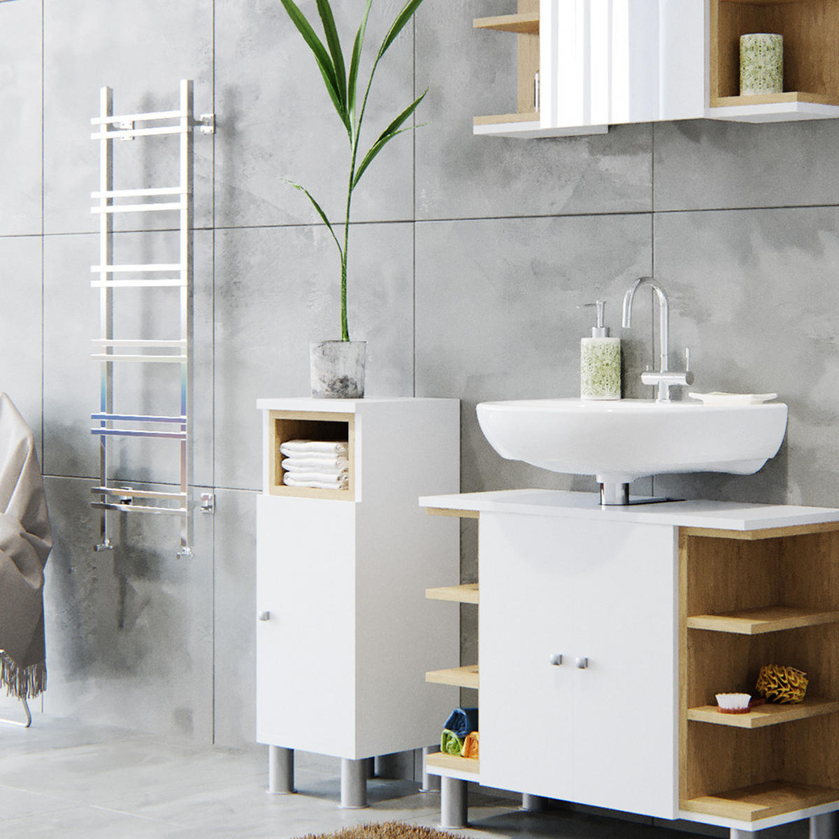 BADMÖBEL-SET Aquis Weiß 3 Teile - Weiß/Sonoma Eiche, Holzwerkstoff (79.6/64/32cm) - Vicco