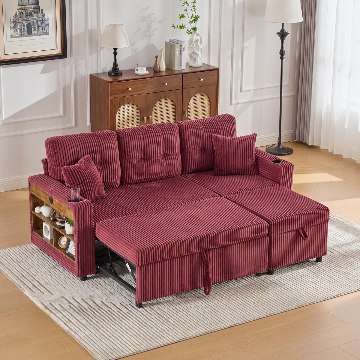 ECKSOFA mit Stauraumfunktion,Cordstoff,WEINROT - Dunkelrot, Textil (144/195cm) - KOMHTOM