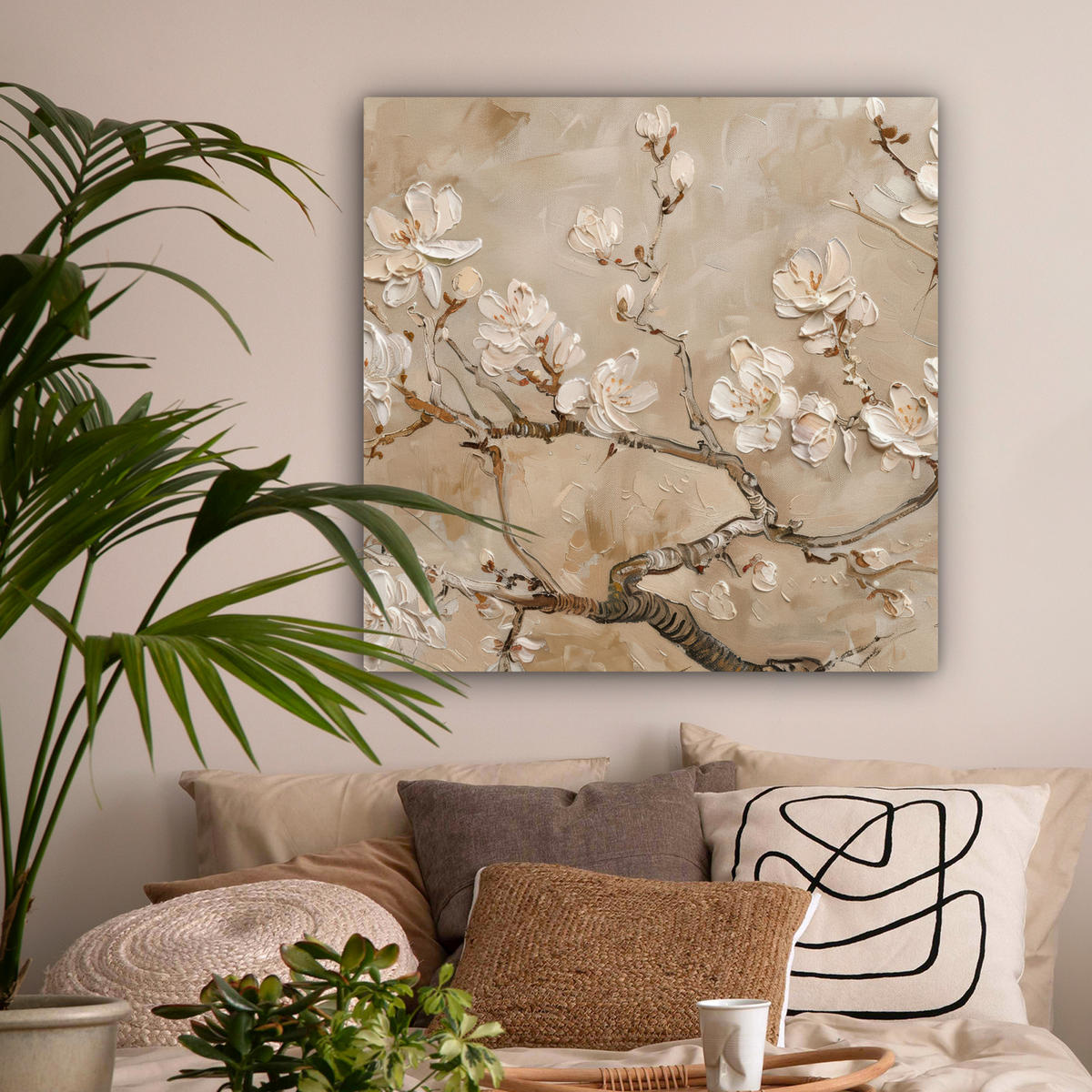 LEINWANDBILD - Blumen - Modern - Beige - Weiß - Blüte - 90x90 - Gemälde - Beige, Textil (90/90cm) - MuchoWow