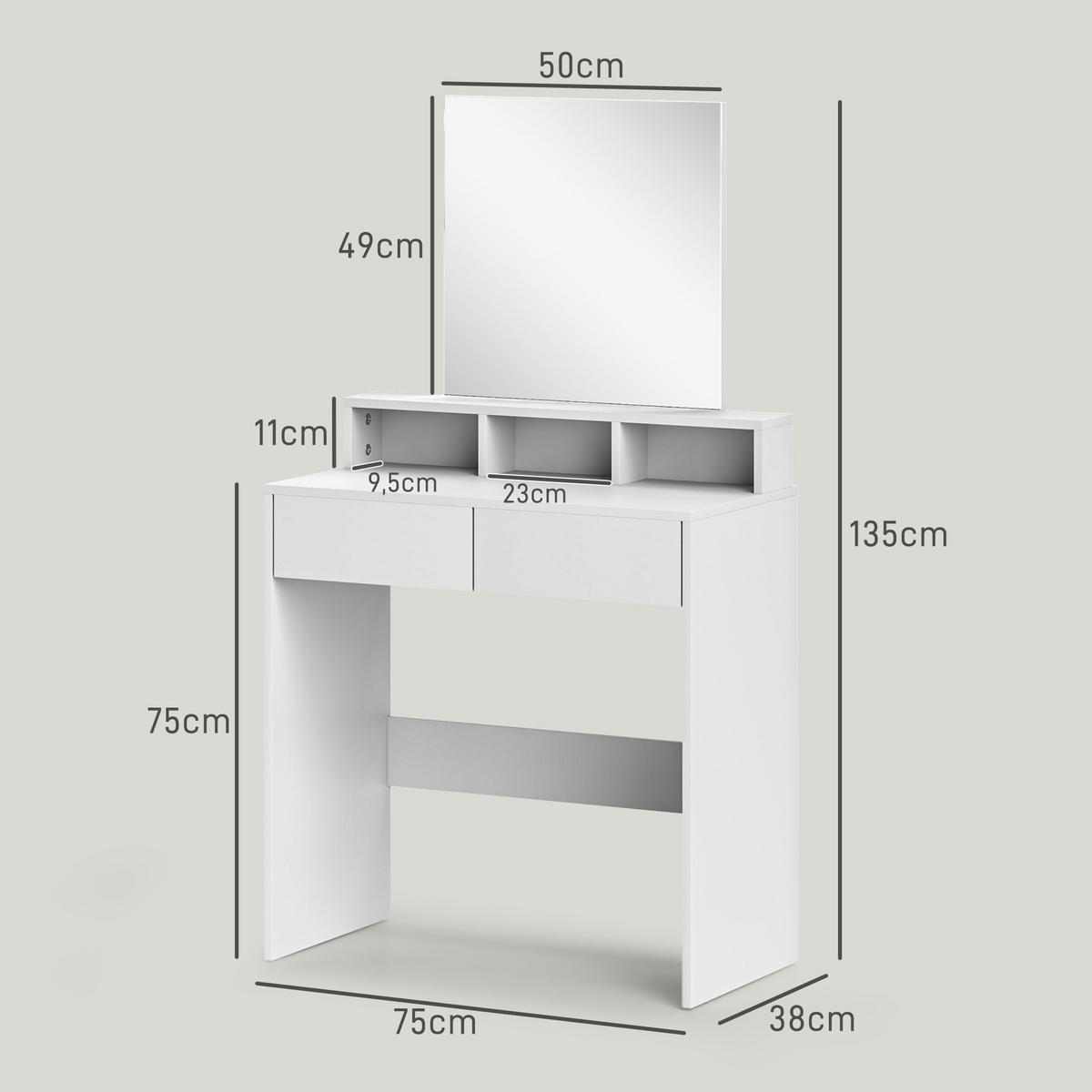 SCHMINKTISCH DE-18294 mit 2 Schubladen & 3 offenen Fächern Weiß - Weiß, Holzwerkstoff (38/135/75cm) - ComfortXL