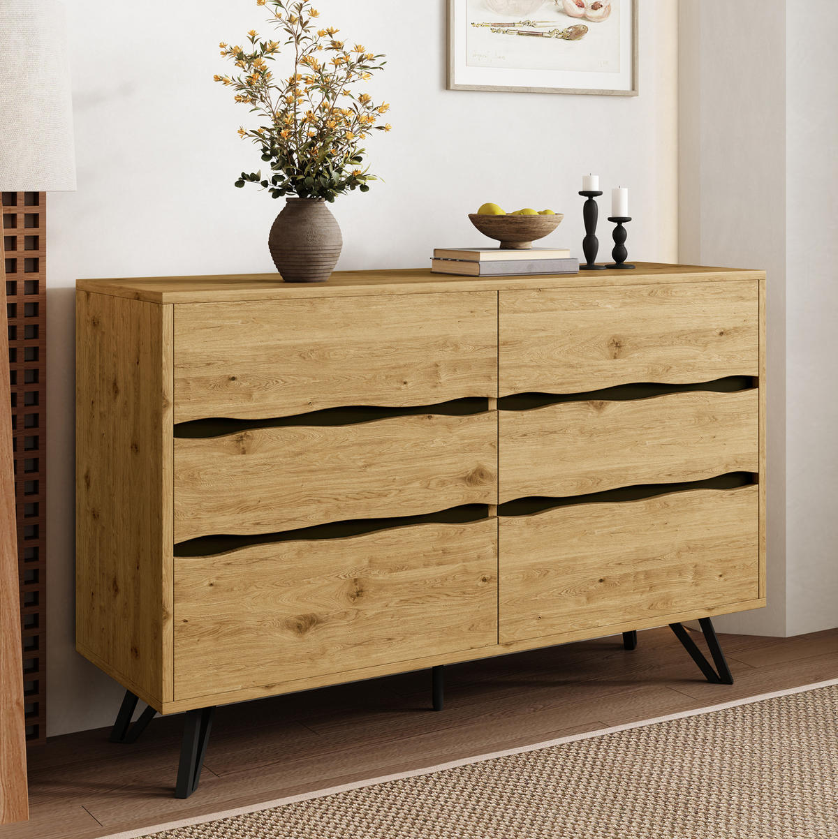 SIDEBOARD aus Spanplatte 120x40x75,5 cm Holzfarbe mit 6 Schubladen und Metallfüßen - Naturfarben, Holzwerkstoff (120/75.5/40cm) - IVMEU