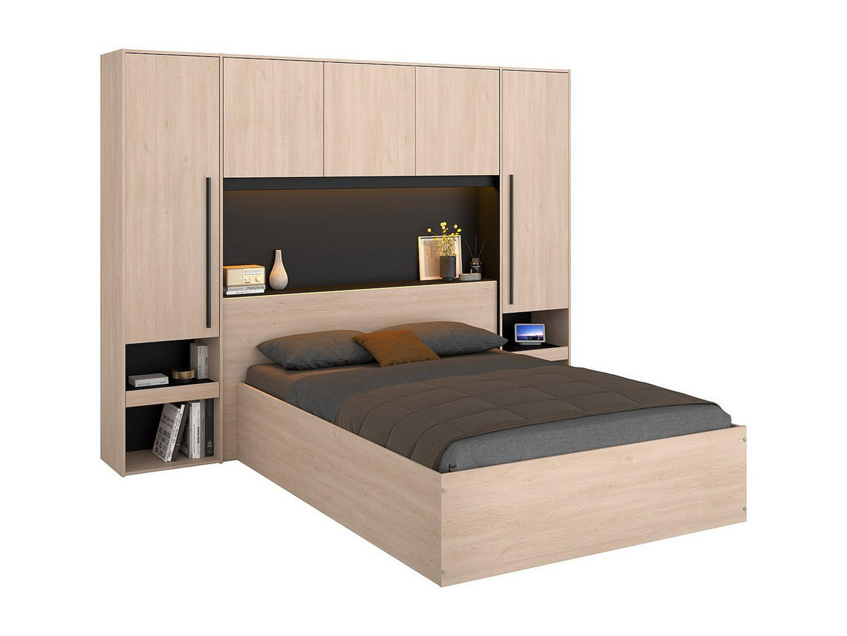 BETT mit Bettkasten - 2 Personen - Holz, Platte - Schwarz, Naturfarben Hell - Schwarz/Naturfarben, Holz (140/190cm) - Vente-Unique