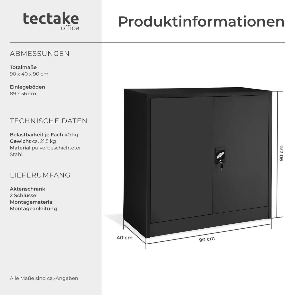 AKTENSCHRANK ,90 x 40 x 90 cm,schwarz - Schwarz, Metall (40/90/90cm) - tectake