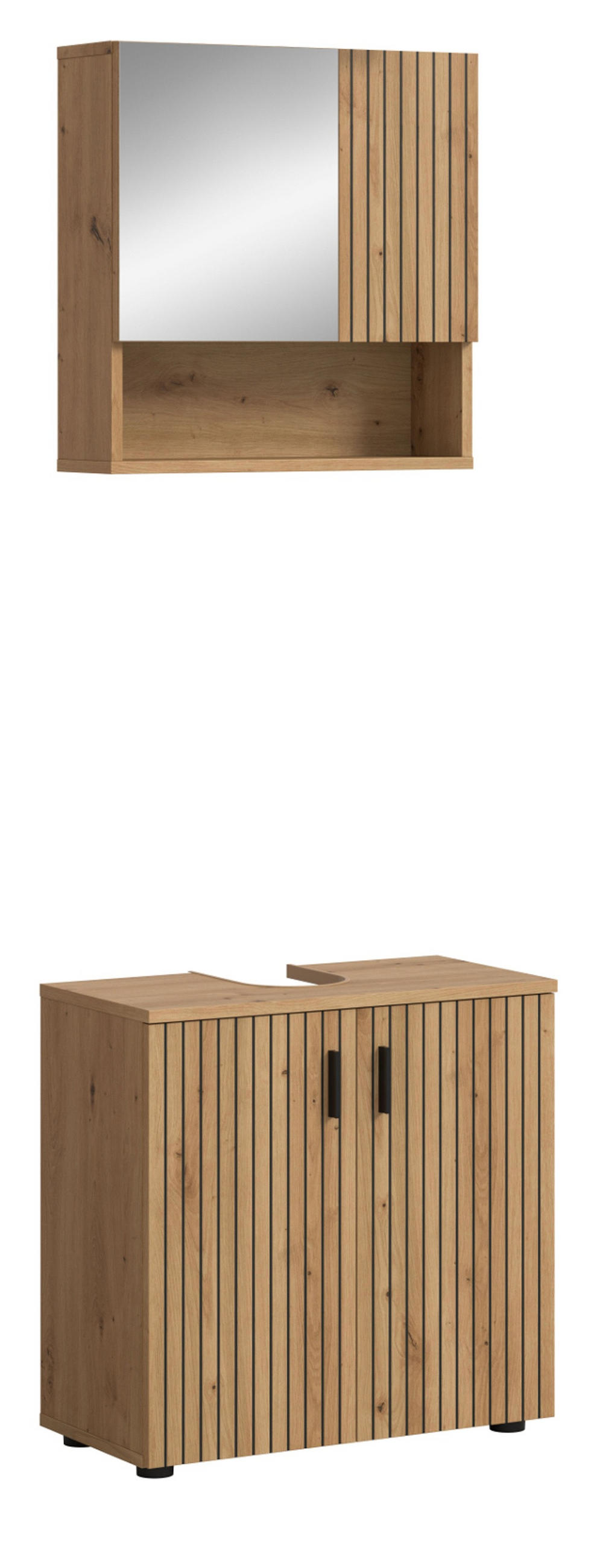BADMÖBEL-SET Eiche Artisan 2-teilig 60 cm, Badezimmerkombination mit Rillen-Optik - Schwarz/Eiche Artisan, Glas/Holzwerkstoff (60/180/30cm) - Inn.Furn