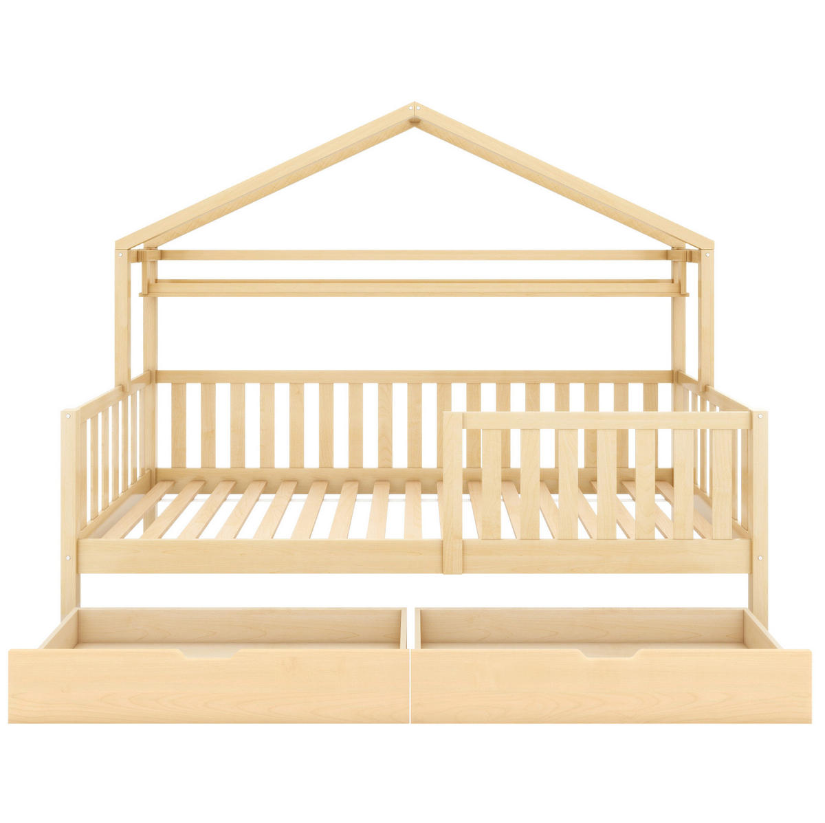 HAUSBETT 90/200 cm aus Kiefer massiv in Natur – mit Schubladen und Rausfallschutz - Naturfarben, Holz (90/200cm) - BEAOK