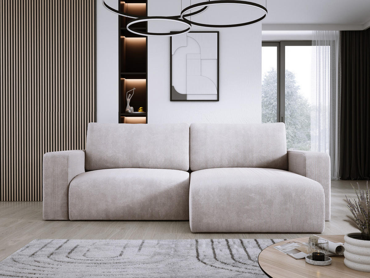 ECKSOFA Carl L-förmig Schlaffunktion und Bettkasten weicher Cordstoff flexibel stellbar lose Rückenkissen freistehend LINKS 143x247x83cm Greige - Greige, Holz/Textil (143/247cm) - DomoHome