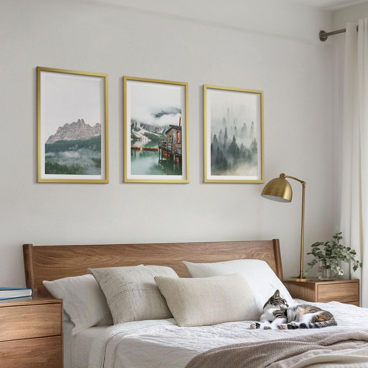 WANDBILDER 3er Set - 40x60 cm Goldrahmen - Berge, See, Hütte, Nebel - Goldfarben, Kunststoff (40/60cm) - ArtPrintCave