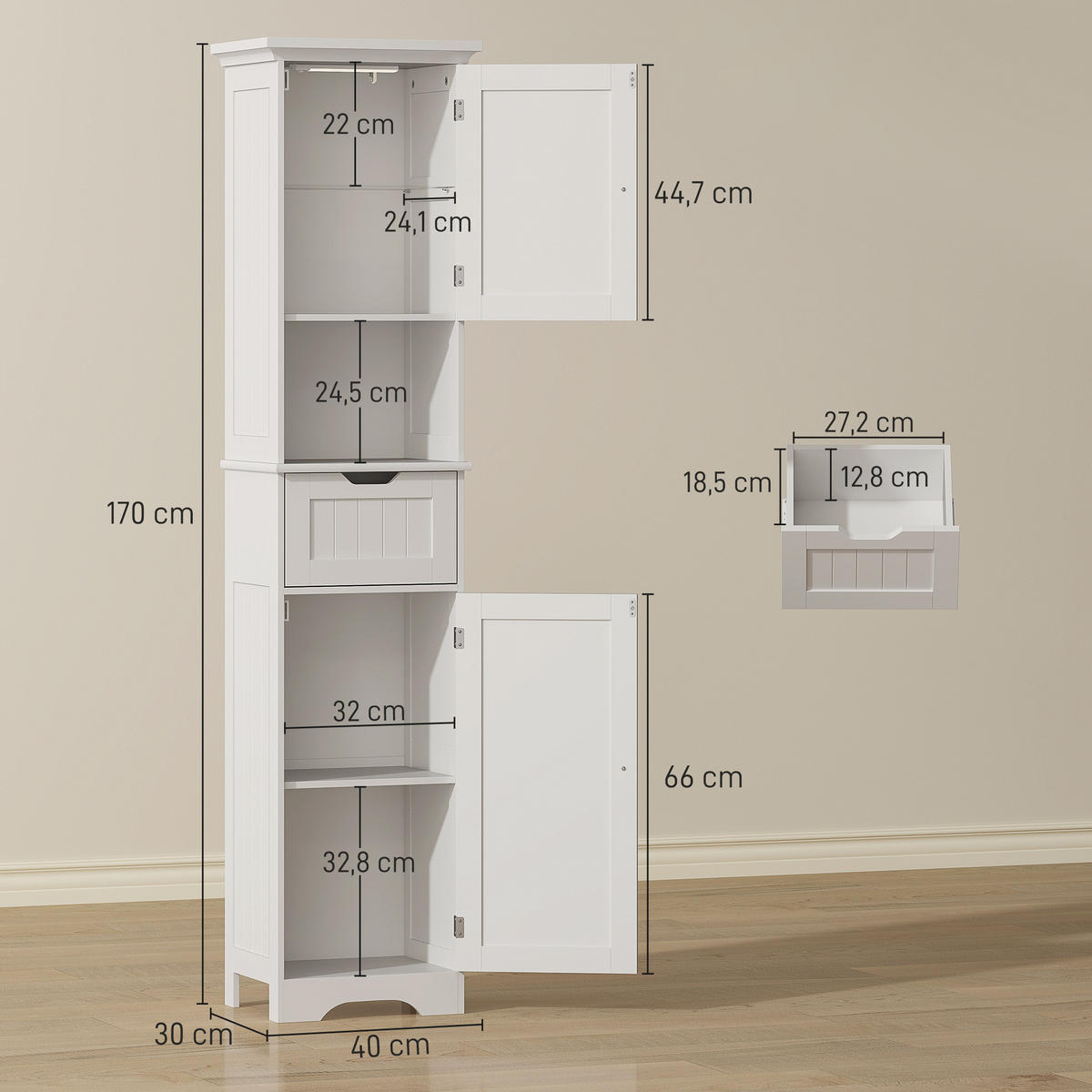 HOCHSCHRANK DE-12517 40/30/170 cm mit LED-Beleuchtung Weiß - Weiß, Holzwerkstoff (30/170/40cm) - ComfortXL