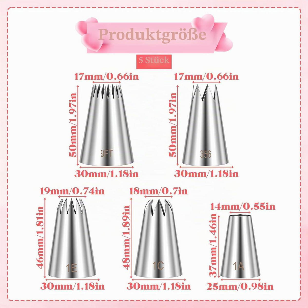 SPRITZTÜLLEN-SET 5-teilig Edelstahl - Silberfarben, Metall (3/1.7/5cm)