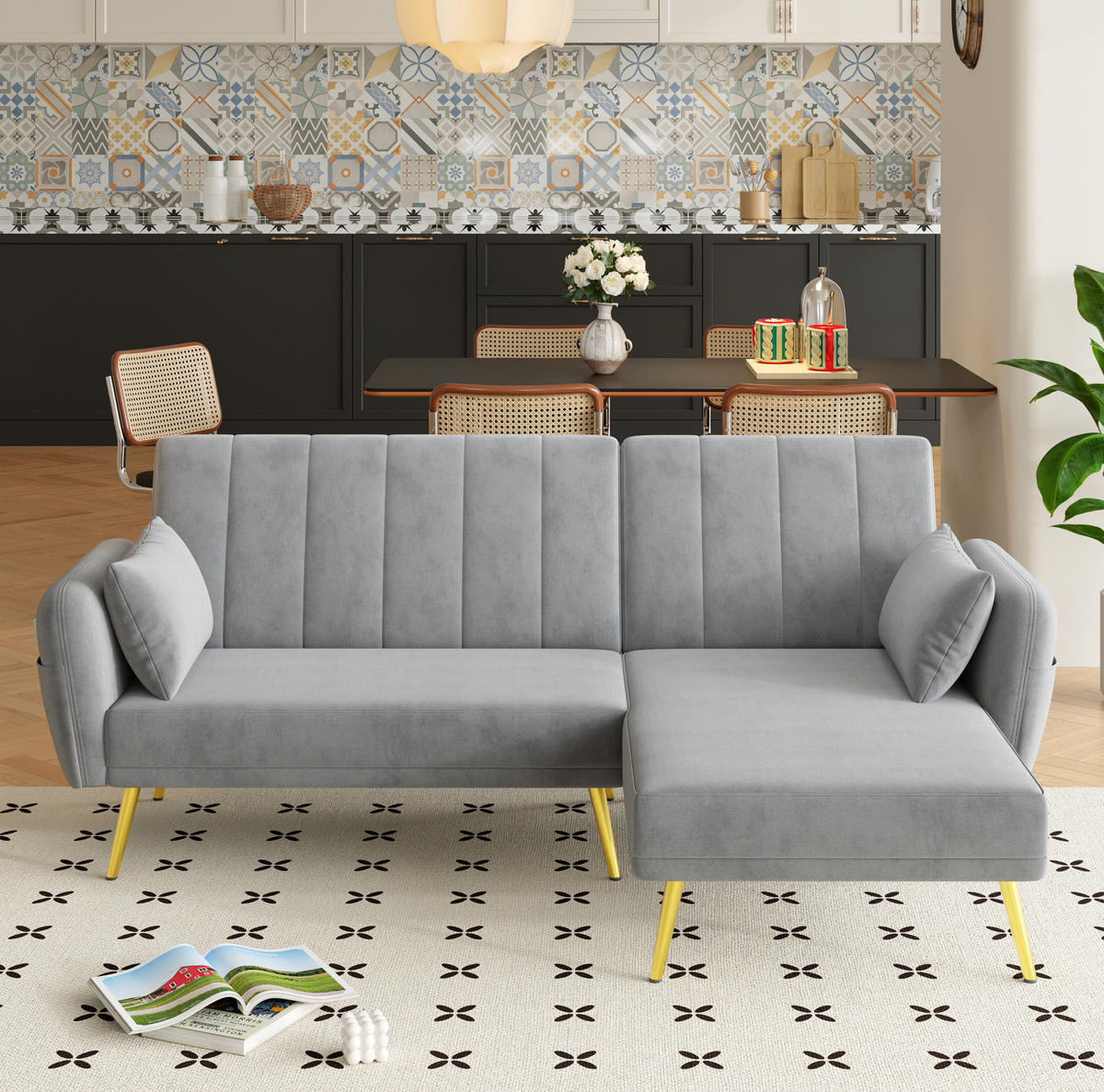 ECKSOFA, Samt mit Schlaffunktion & verstellbarer Rückenlehne, 191,5/130,5/80 cm, Grau - Grau, Textil (130.5/191.5cm) - Redom