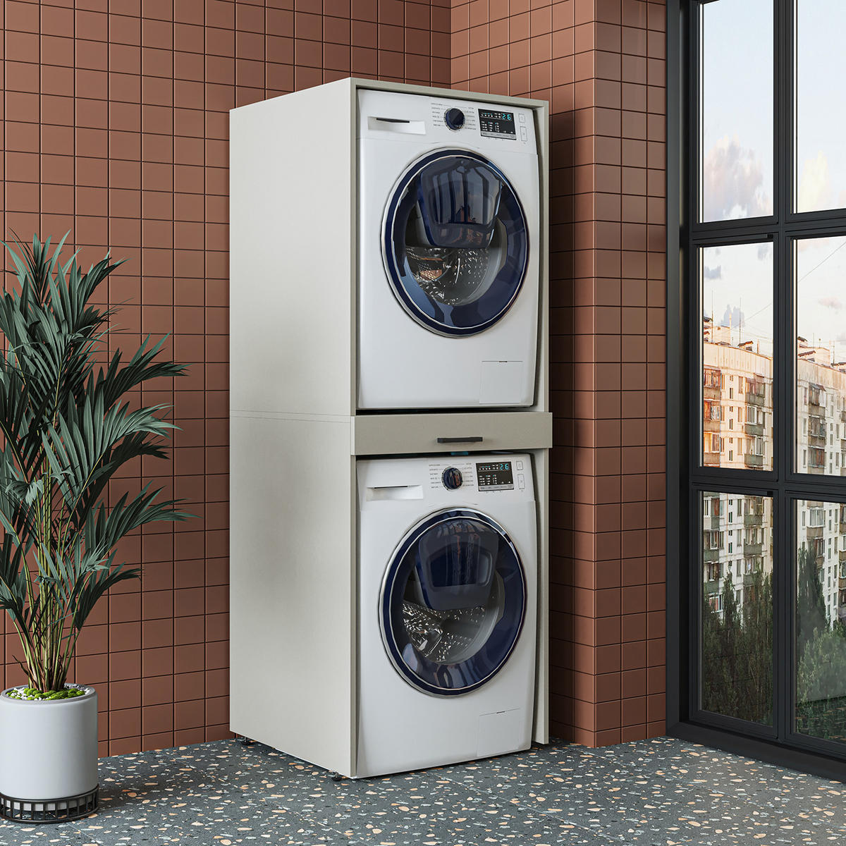 WASCHMASCHINENSCHRANK DUO-I 67cm Breit, 184cm Hoch - Beige, Holzwerkstoff (67/184/67cm)