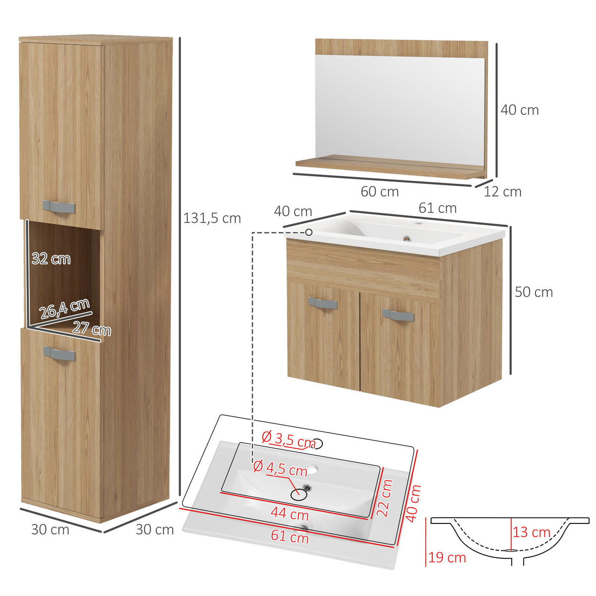 BADEZIMMER 4-teilig DE-17305 Natur - Naturfarben, Holzwerkstoff (30/131.5/30cm) - ComfortXL