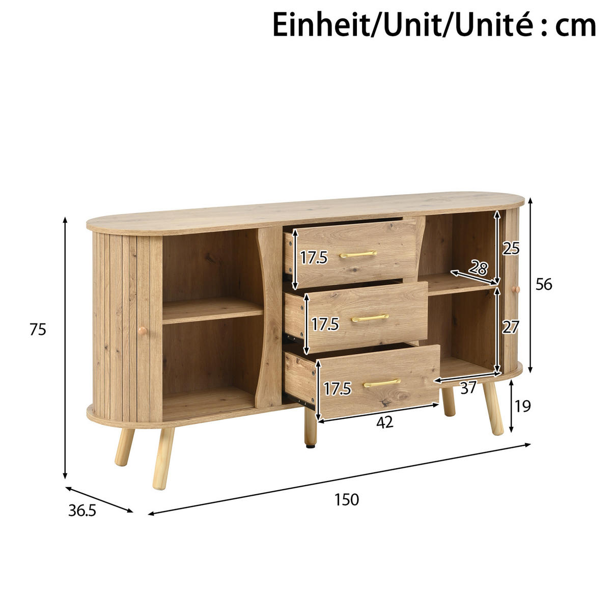 SIDEBOARD 150/36,5/75 cm Natur aus MDF mit Schiebetüren und Schubladen - Naturfarben, Holzwerkstoff (36.5/75/150cm) - OKWISH