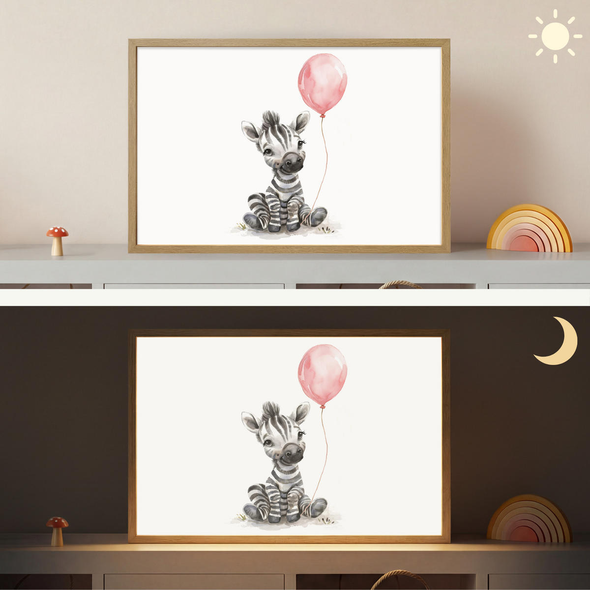 WANDLEUCHTE MIT AKKU Zebra - Baby - Tiere - Rosa Luftballon 60x40 cm - Weiß, Holzwerkstoff (60/40/8cm) - OnlyWow