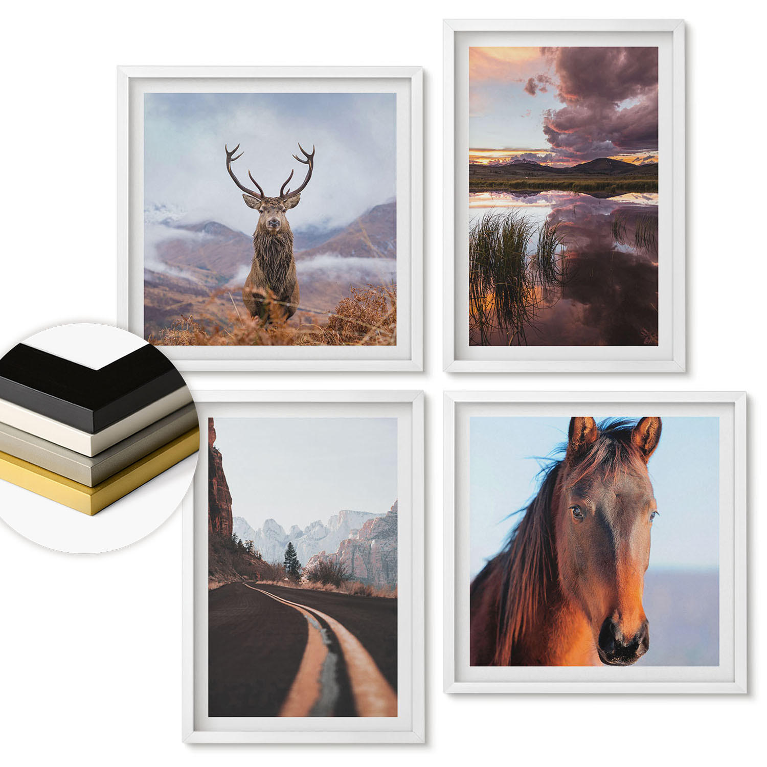 WANDBILDER 4er-Set - 50x50 cm & 40x60 cm Weißer Rahmen - Berglandschaften, Rentiere, Pferdestraße - Weiß, Kunststoff (50/50cm) - ArtPrintCave