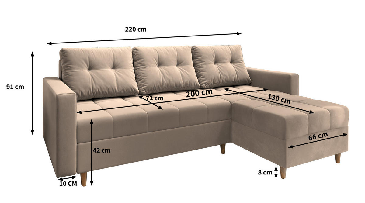 ECKSOFA MILO L Hellgrau Plüsch-Stoff mit Schlaffunktion - Hellgrau, Holz (220/140cm) - MASSENO