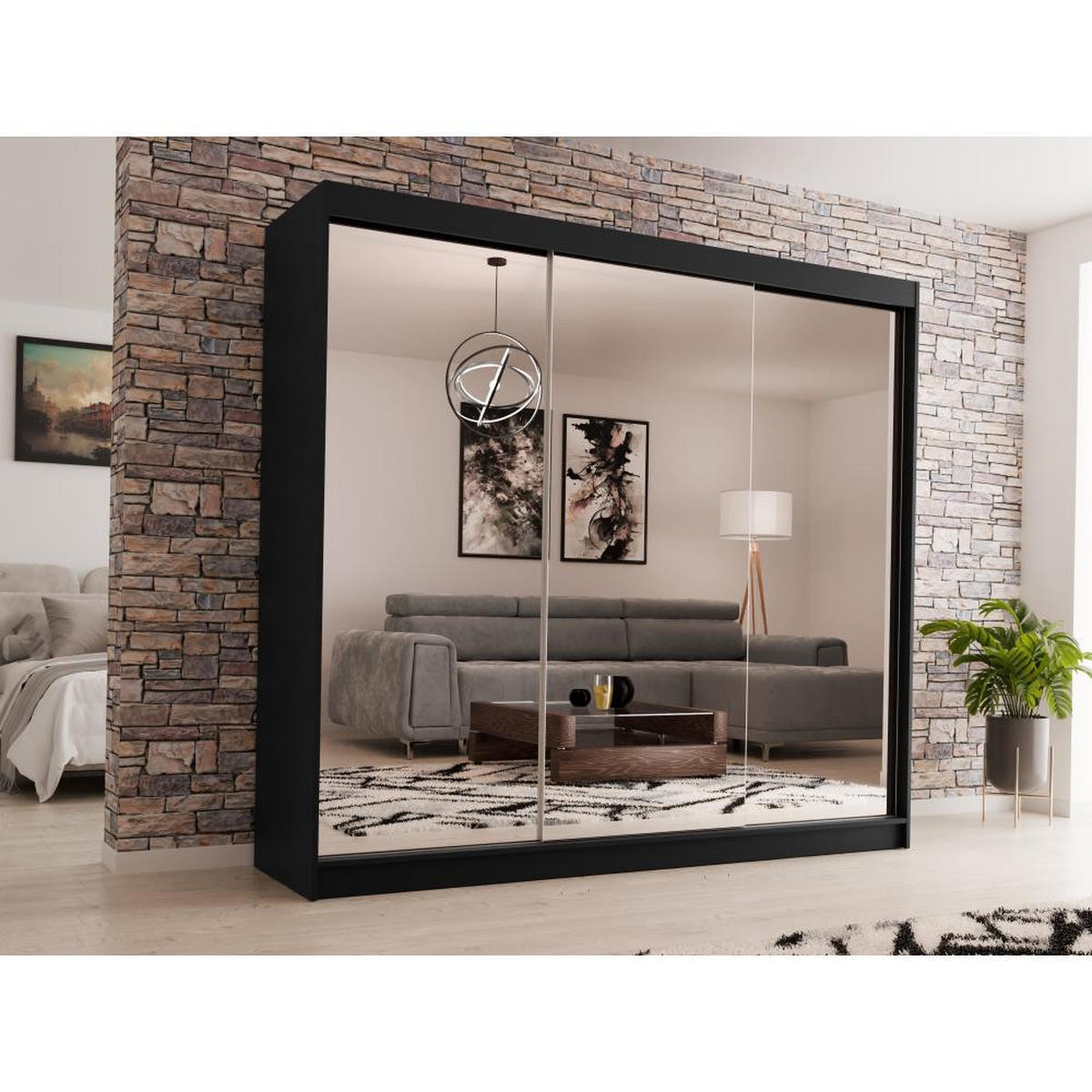 SCHWEBETÜRENSCHRANK Debra 240/216/61 schwarz mit Spiegel und Schubladen - Schwarz, Holzwerkstoff (240/216/61cm) - Beautysofa