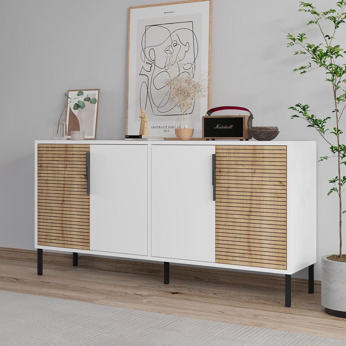 SIDEBOARD mit 4 Türen, Dekor in Weiß und Saphir-Eiche 36/150/75 cm - Weiß, Holzwerkstoff (36/75/150cm) - Calicosy