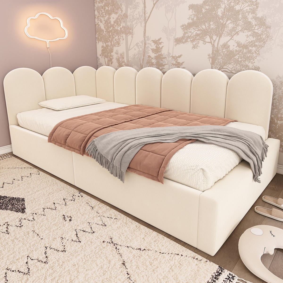 KINDERBETT 90/190 cm mit Stauraum, Samtbezug und Metall-Lattenrost in Beige - Beige, Textil (90/190cm) - BEAOK