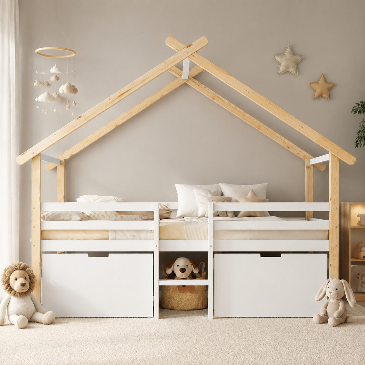 HAUSBETT 90/200 mit Stauraum, Treppe und Schließfächern in Weiß und Natur - Weiß/Naturfarben, Holzwerkstoff (90/200cm) - EVRYAE