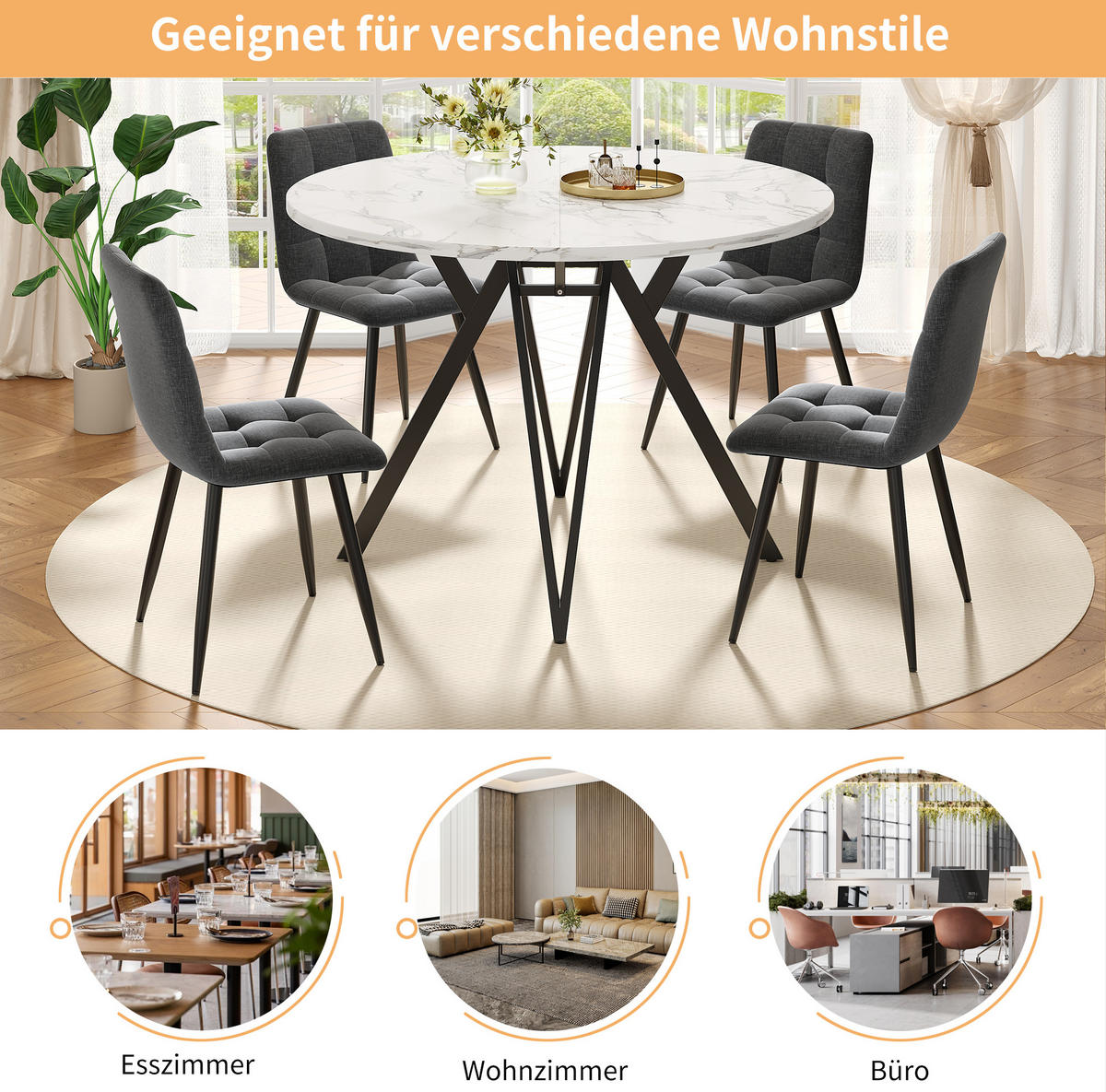 ESSTISCH Rund 100/100/76 cm Schwarz aus MDF in Marmoroptik mit Metallgestell - Schwarz, Holzwerkstoff (100/100/76cm) - OKWISH