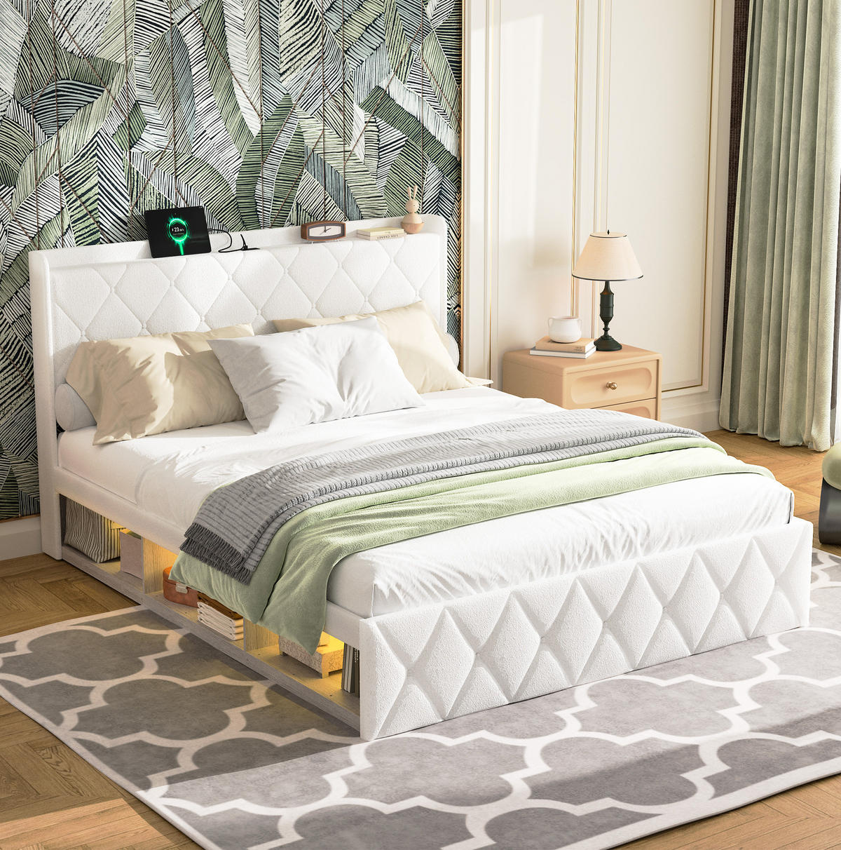 BETT mit USB und LED 140x200 cm Teddy White - Weiß, Holz (140/200cm) - Meubliv